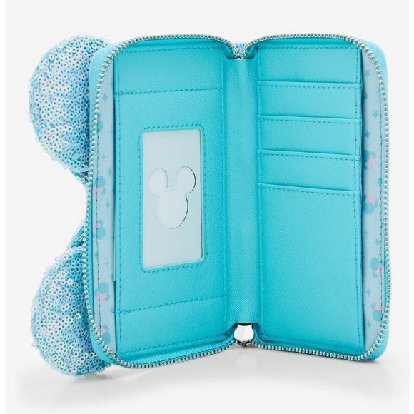 NEW Loungefly Disney Minnie Mouse blue Sequin Bow Mini Backpack and wallet set - Picture 9 of 12